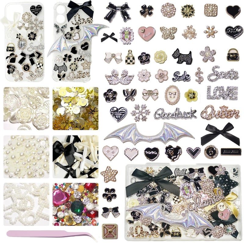 Wovelli 2430 PCS Junk Phone Case Making Kit: Black Gold Charms Resin Flatback Pearls Rhinestone Letters for Y2K Phone Case,Nail Bling Charm, Decorating Kit for Girls Adults - Image 1